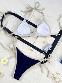 Traje de baño para mujer Swim Mod 2026 Primavera/Verano, con tirantes finos y cuello halter, en azul marino y amarillo en contraste, conjunto de bikini con lazo lateral para vacaciones. - Azul 2 - Ver 2