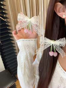 2 piezas/1 pieza Pasador de pelo con lazo de encaje y cereza, estilo princesa Clip de flequillo soñador y clip lateral - Pinza para el cabello con lazo de encaje y cereza - Ver 6