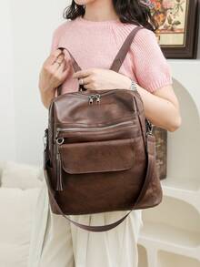 [Retro Texture . Multi-Use] Genuine Leather Women's Backpack, Korean Style Casual Tassel Backpack, Fashionable Commuter Travel Laptop Bag For Diverse Scenarios Such As The Workplace, Campus, And Travel, Effortlessly Creating A Sophisticated Atmosphere. Comfortable Shoulder Straps Reduce Burden - Multicolor - View 10