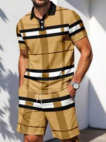 Bộ áo polo và quần short nam in họa tiết kẻ caro, phong cách công sở thường ngày. - Màu Khaki - Xem 1