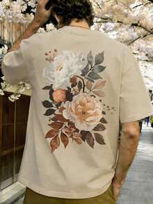 1PSCCamisetas de manga corta con cuello redondo y estampado floral y de pintura oriental para hombre - Negro - Ver 10