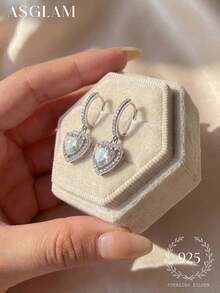 一对经典立方氧化锆水滴心形耳环，925纯银首饰，百搭爱心耳环，精致首饰礼品，适合女孩日常、约会、派对、情人节及其他场合佩戴 - 愛心 - 查看 7