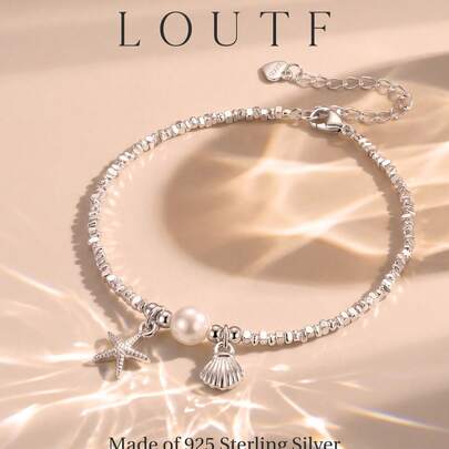 1件优雅珍珠海星贝壳925纯银手链，精致珠宝，适合女性、女孩日常佩戴、约会、友谊等场合。