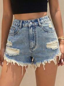Quần short denim nữ cạp thấp, rách gấu. - Màu xanh lam - Xem 4