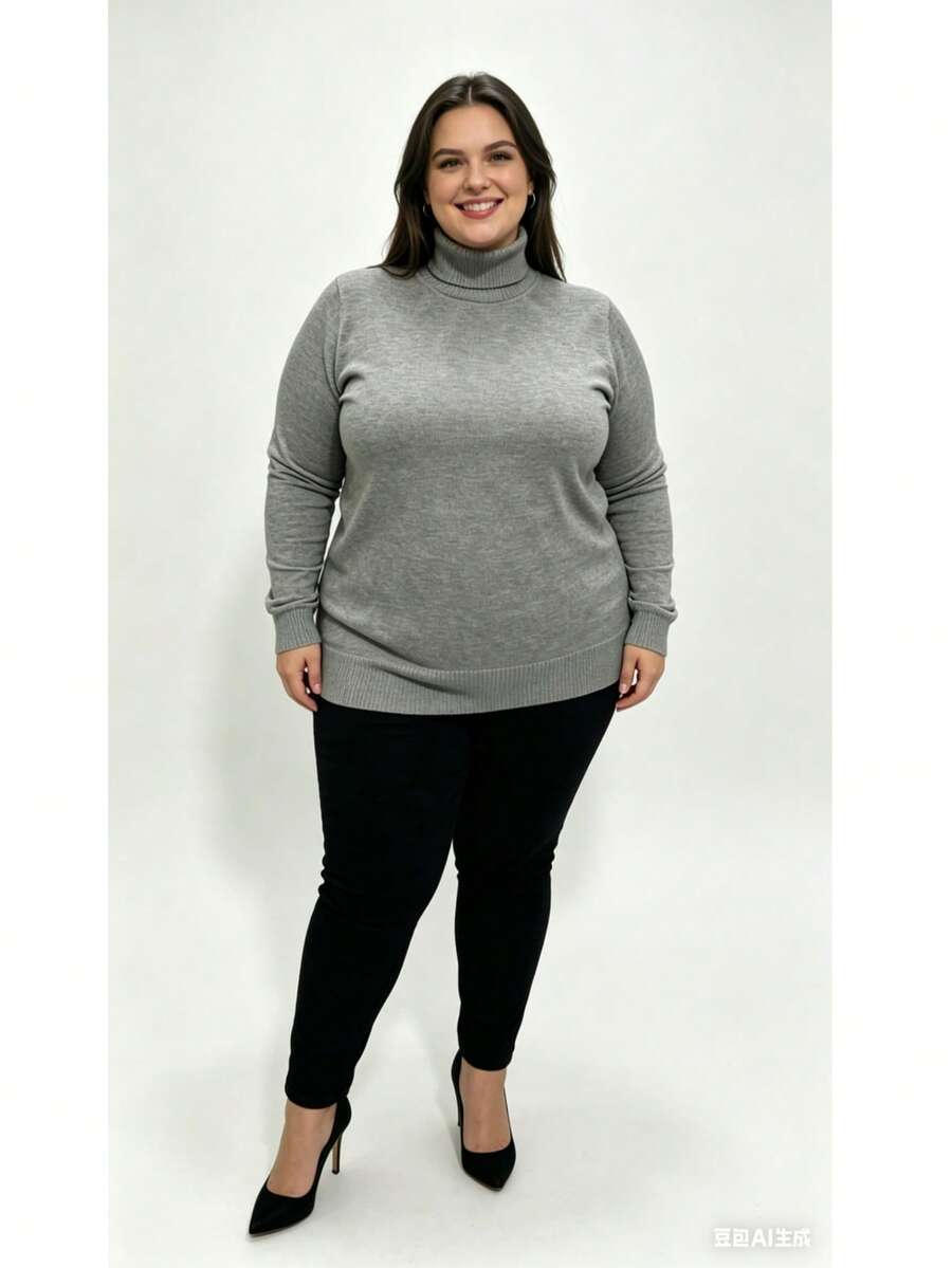 Steve Store Women's Fashion Knitwear Turtleneck Plus Size Spandex Sweater High Neck Long Sleeve Blouse Basic Winter Blouse Elegant Fashion - màu xám nhạt - Xem 1