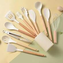 12pcs Silicone Cooking Utensil Set, Simple Wooden Handle Multi-Purpose Kitchen Gadget Tool Set For Kitchen - Random - View 4