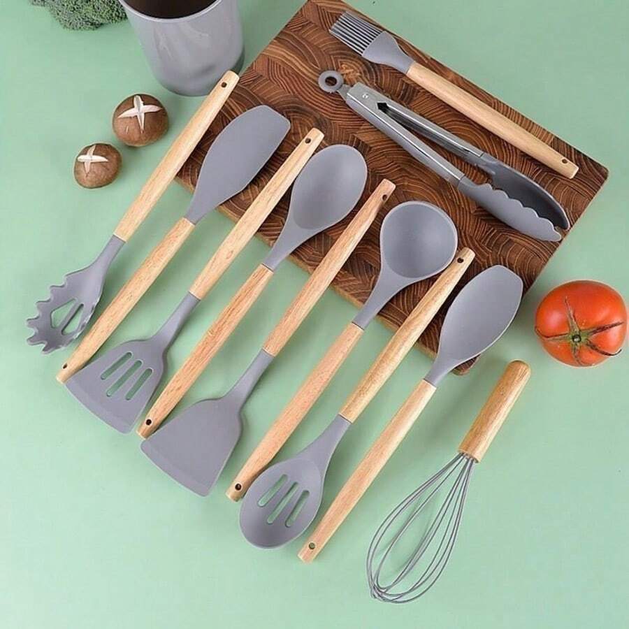 12pcs Silicone Cooking Utensil Set, Simple Wooden Handle Multi-Purpose Kitchen Gadget Tool Set For Kitchen - Grey - View 1
