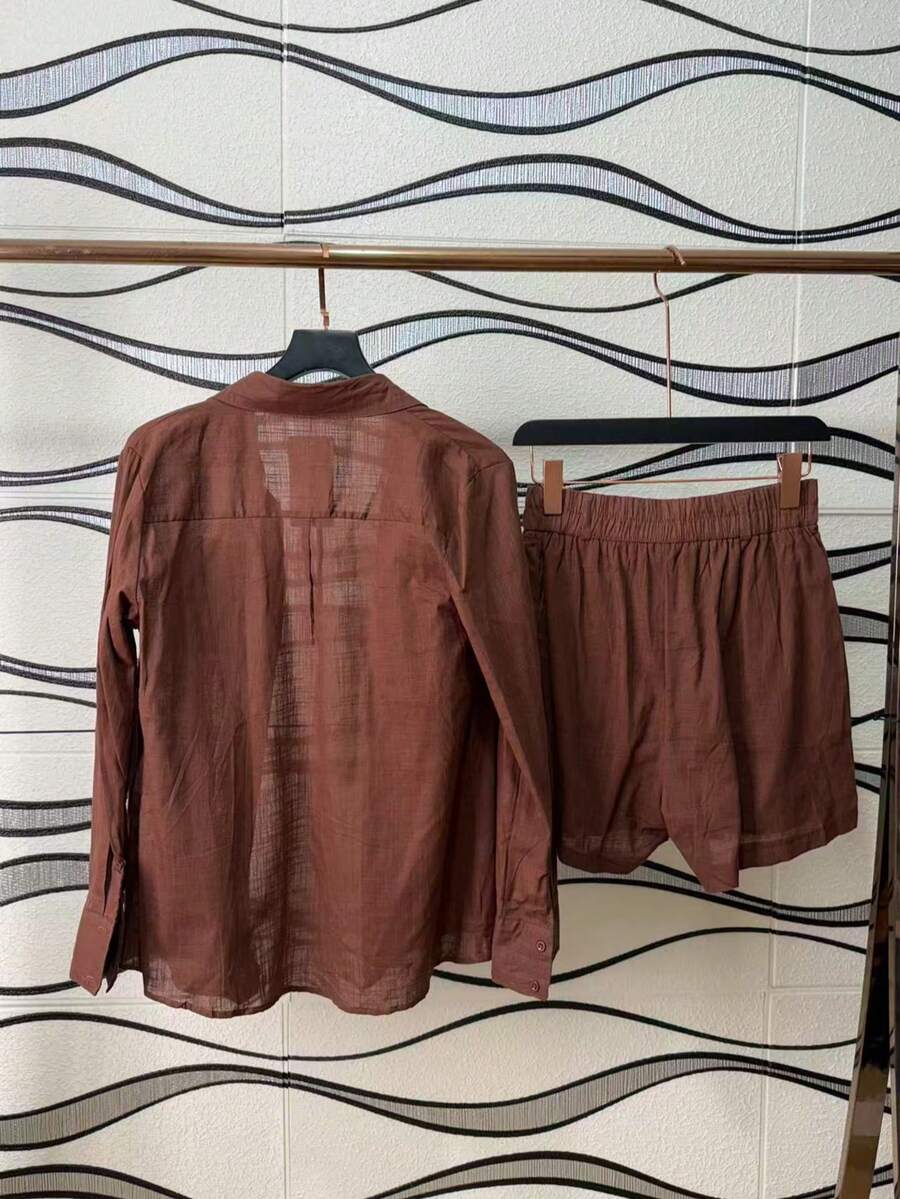 Linen Shirt And Shorts Set (2 Pieces) - Brown - View 1