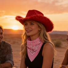 Adjustable Chin Strap Cowboy Hats Cowgirl Hat With Scarf For Women Girls Cowboy Costume Theme Party - 紅色毛邊 - 查看 2