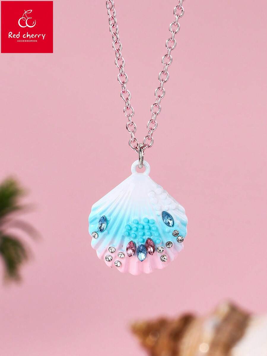 1pc Toddler Girls' Zinc Alloy Ombre Shell Painted Rhinestone Decoration Pendant Necklace, Casual Wear Jewelry - Multicolor - View 1