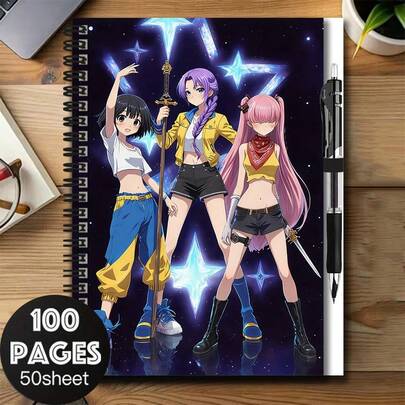 一套动漫风格螺旋笔记本，含笔，100页大容量，50张内页，封面印有3个活力四射的动漫女孩，适合工作、学习、写日记、日常计划，是毕业、生日的绝佳礼物，实用备忘录功能！