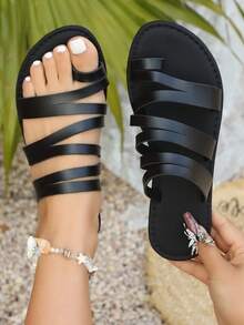 Women's Black Multi Thin Strap Toe Loop Flat Slide Sandals, Casual Open Toe Slip On Summer Beach Slippers - Black - View 7