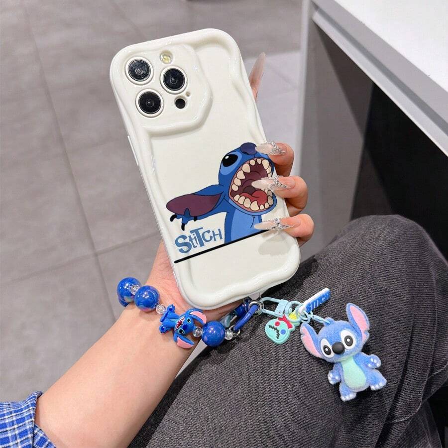 Disney Has Authorized, Phone Case - Chain Set, The Stitch Lilo & Stitch Phone Case Plus A Silicone 3D Or Fluffy Style Stitch Bracelet With Metallic Ring Removable Bracelet, Stitch And Angel Pattern, Compatible With Iphone 17/16/15/14/13/12/11/XS/XR/X Plus Pro Max, Wavy Design Phone Case For Girl, A Stylish Cartoon Summer Phone Case, The Perfect Gift Choice, Phone Protection, Durable Phone Cover, Great Gift For Friends And Family - 白色款式B - 查看 1