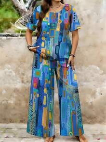 Women's Plus Size Short Sleeve And Long Pants Set Blue Geometric Abstract Colorful Pattern Print Design Loose And Comfortable, Suitable For Sports And Daily Wear - phong cách - Xem 1