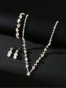 4pcs Elegant Claw Chain Jewelry Set For Women – Includes Zirconia Earrings, Bracelet, Choker Necklace, Perfect Formal Dress Accessories For Weddings, Parties, Or Special Occasions – Stylish Multi-Piece Set To Elevate Your Look - 銀色 - 查看 3