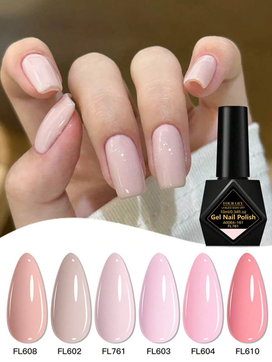 FOUR LILY 6件組 10ml 裸粉色凝膠指甲油套組，無HEMA TPO 半永久浸泡式UV凝膠指甲油，適合夏季美甲，持久、無鉛 DIY 指甲設計裝飾，美甲繪製凝膠指甲油，適用於沙龍與居家美甲護理