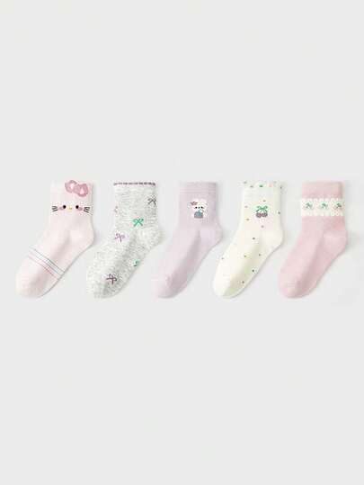 5 Pairs Cute Cartoon Cat, Rabbit, Cherry Pattern Girls' Mid-Calf Socks, Soft Cotton With Bow And Ruffle Trim, Light Color Everyday Wear Socks For Girls