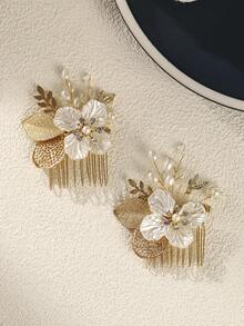 Gold Hollow Out Leaf & Pearl Flower Hair Comb, Elegant Rhinestone Bridal Headpiece For Wedding & Party Vintage Gold Filigree Leaf & 3D Flower Hair Clip, Boho Crystal Wedding Hair Accessory For Bride,Festival,Birthday - Gold - View 8