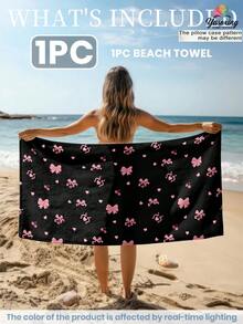 1pc Black Pink Cherry Bow Knot Heart Shaped Pattern Printed Beach Towel, Pink Shell Pattern Swimwear, Bath Towel, Super Absorbent Bath Towel, Suitable For Bathroom, Swimming, Fitness, Yoga, Soft Comfortable Microfiber Towel, Lightweight Easy To Carry - Black - View 7