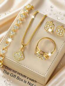 6pcs Luxury Elegant Women's Quartz Watch Set, Including Metal Butterfly Pattern Quartz Watch, Heart-Shaped Bracelet, Square Rhinestone Necklace, Earrings And Ring, Designed With Dreamy Gold And Butterfly Elements - Gold - View 8
