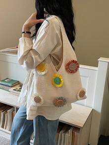 Women's Summer Beach Tote Bag - Decorated With Sunflower Patch, Large Capacity Open-Top Handbag, Suitable For Casual Outings And Coastal Vacations, Beach Tote Bag, Bohemian Style, Woven Material, Spacious Handbag, Essential For Vacation, Ideal For Work, Back To School - Beige - View 4