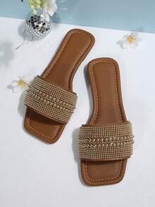 1 Pair Plus Size Shiny Gold Color, Rhinestone & Double Pearl Decor Slides, Elegant & Fashionable For Party, Vacation, Beach, Comfortable Slip-On Flat Mules Sandals, Suitable For Daily Wear, Size 41-42-43 - Chocolate Brown - View 7