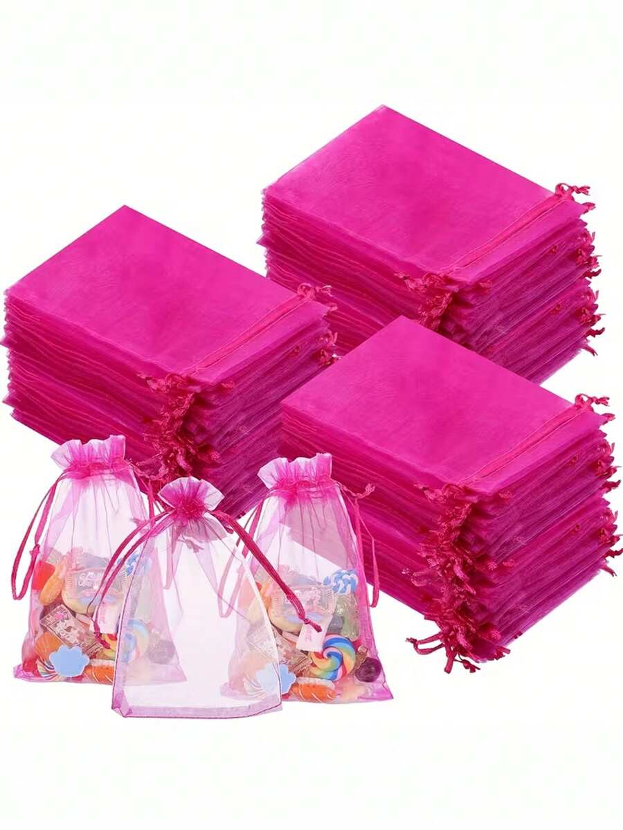 50/100 piezas Bolsas de organza rosa fucsia al por mayor con paneles de malla transparente y cierre de cordón - Ventana 10.16x15.24 cm Pequeños recuerdos de boda, fiesta de cumpleaños, bolsas de regalo para joyas, dulces (Bolsitas de cordón rosa) - Ver 1