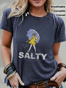 Plus Size Salty With Umbrella Graphic Tee - Vintage Style Summer Beachwear For Women, Perfect For Vacation And Everyday Wear, T-Shirt-Unisex - 藏青色 - 查看 12