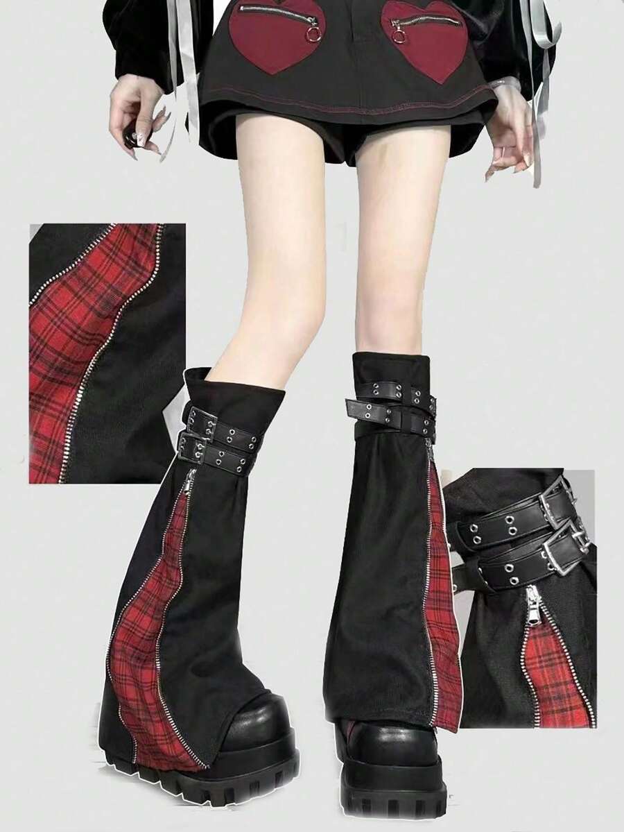 Y2K Punk Rock Style Black Leg Warmers With Red Plaid Patchwork, Adjustable Zipper Goth Subculture Leg Warmers - Black (can Be Worn Within Calf Circumference 38cm) - View 1