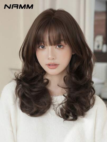 NAMM 20 Inch Medium-Length Wavy Brown Wigs For Women, Shoulder Length Curly Wavy Middle Part Wigs,Synthetic Heat-Resistant Long Fully Machine Wig Natural Looking Fluffy Very Soft Synthetic Heat Resistant Fiber Hair Wig Accessories For Girls Music Festival Party Street Wear, Sakura Festival, Cosplay Anime Or Costume Use