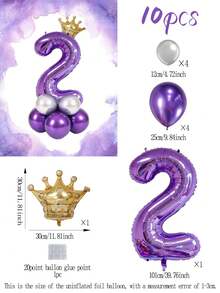 10pcs 40-Inch Purple 0-9 Number Balloons Set, Gold Crown Balloons, Metallic Silver & Purple Latex Balloons, Suitable For Birthday Party, Event Decoration - Multicolor - View 5