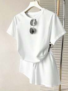 Conjunto de dos piezas casual  2026: camiseta cuello redondo + shorts con cordón color café, ideal para verano - Blanco 2 - Ver 9