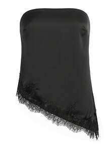 Women Lace Trim Satin Silk Strapless Tops Y2K  Asymmetrical Hem Tank Top Fashionable Minimalist Backless Solid Color Bandeau Shirt Summer Teen Girls Going Out Tops Club Streetwear Rave Outfit,Concert Outfit,Valentines Clothes,Beach Vacation Outfits - màu đen - Xem 5