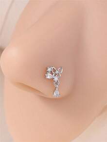 KARYOKO 1piece Dangle Nose Stud Rings For Women Girls Cute Butterfly Shape Dangling White CZ Gold Silver Color L Bend Nostril Screw Unique Nose Piercing Jewelry Partie Gifts 20G - 銀色 - 查看 2
