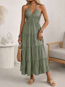 2026 Spring And Summer Cross Border Solid Color Hanging Neck Vacation Style Loose Long Skirt Fashion Backless Pullover Dress In Europe And America - 綠色 - 查看 5