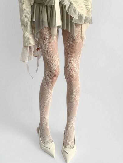 1pc Women's Nude Floral Lace Trim Fishnet Stockings, Sexy Vintage Floral Vine Rose Leaf Sheer Mesh Pantyhose