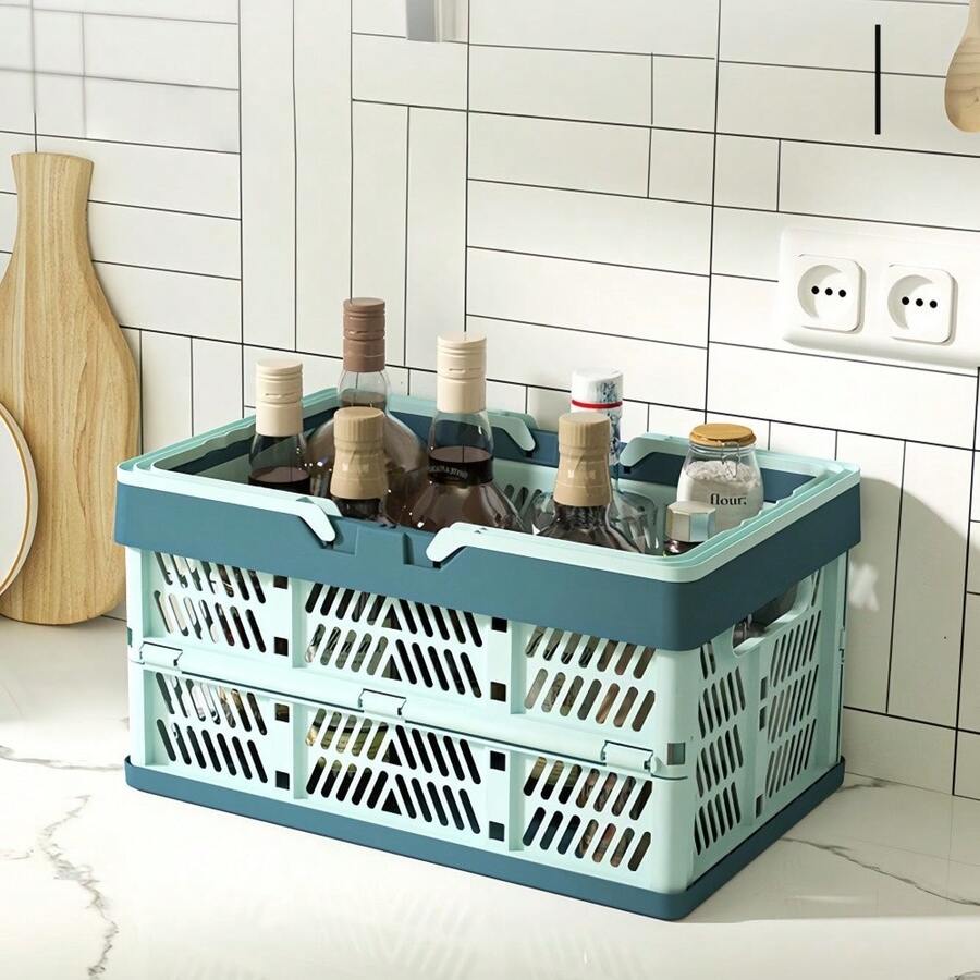 1pc Portable Foldable Camping Storage Basket With Handle, Durable Utensil, Fruit & Vegetable Storage Box, Space-Saving Home Organizer For Car, Bedroom, Home, Dorm, Picnic - Multicolor - View 1