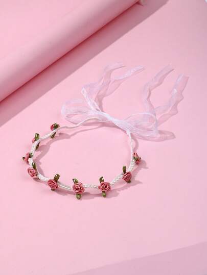 1 pieza Diadema elegante y de moda de estilo de vacaciones de verano casual para niñas, con flor de tela de perlas falsas y cinta de malla, adecuada para uso diario