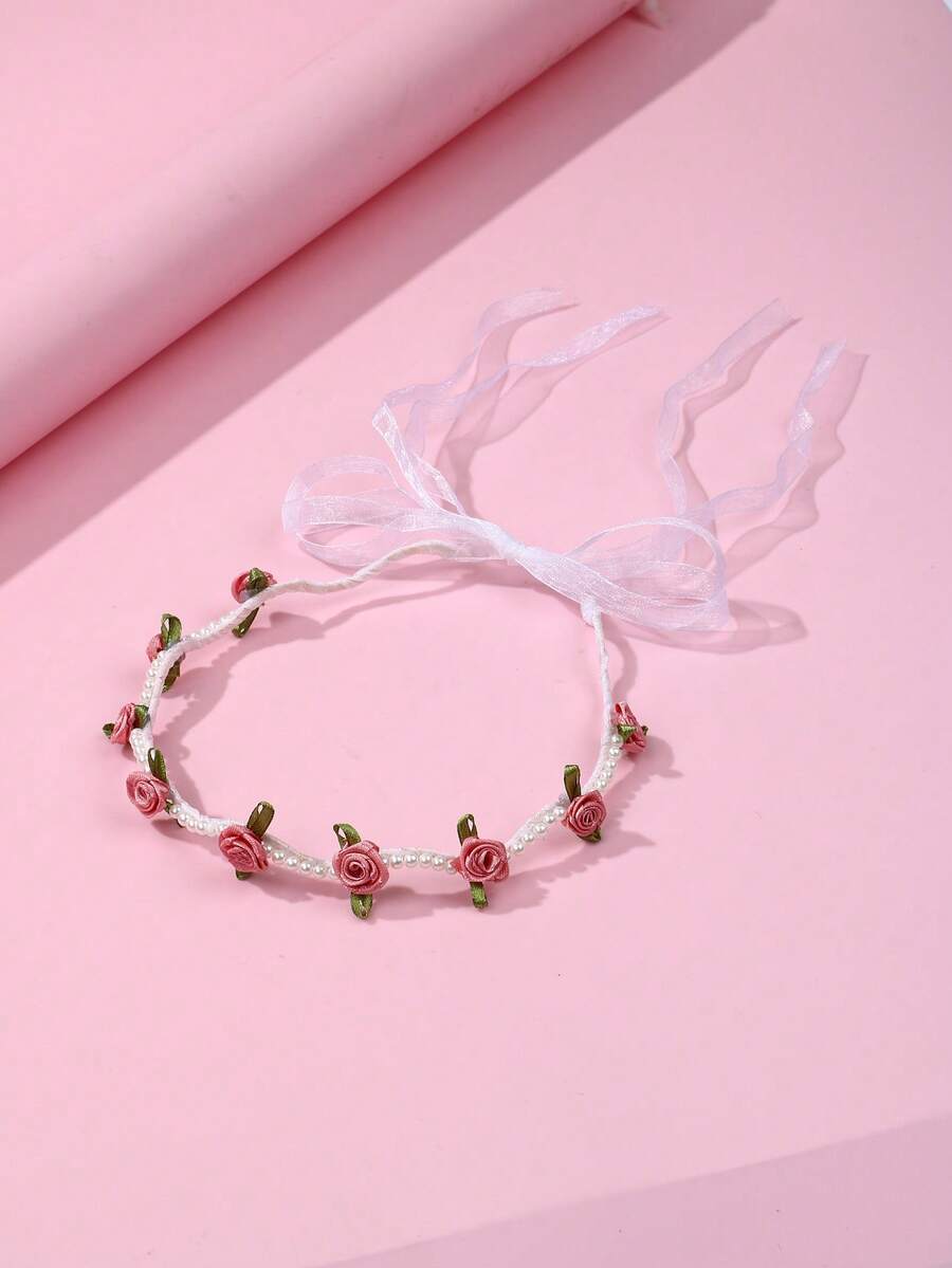 1pc Girls' Fashionable Elegant Summer Casual Vacation Style Faux Pearl Fabric Flower Mesh Ribbon Headband, Suitable For Daily Wear - Multicolor - View 1