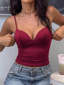 一件简约针织弹力缎面V领性感上衣，适合夏季、春季、海滩、奢华、度假、派对、外出、毕业典礼、优雅、休闲等场合，酒红色 - 酒紅色 - 查看 3