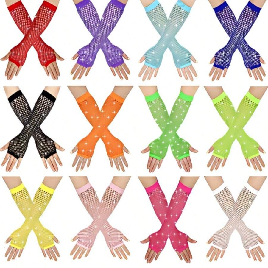 2只装女士80年代霓虹街头派对朋克风渔网镶钻高弹力露指手套，万圣节派对狂欢节母亲节礼物 - 彩色 - 查看 1