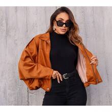 Women's Bomber Jacket, Winter Coat, Long Sleeve Batwing Jacket In Suede Fabric - 駝色 - 查看 2