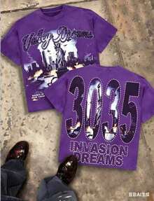 Valley Dreams Statue Of Liberty & City Explosion & "3035 INVASION DREAMS" Text 230g Combed Washed Cotton T-Shirt, Street Short-Sleeve Top, American - 紫色 - 查看 12