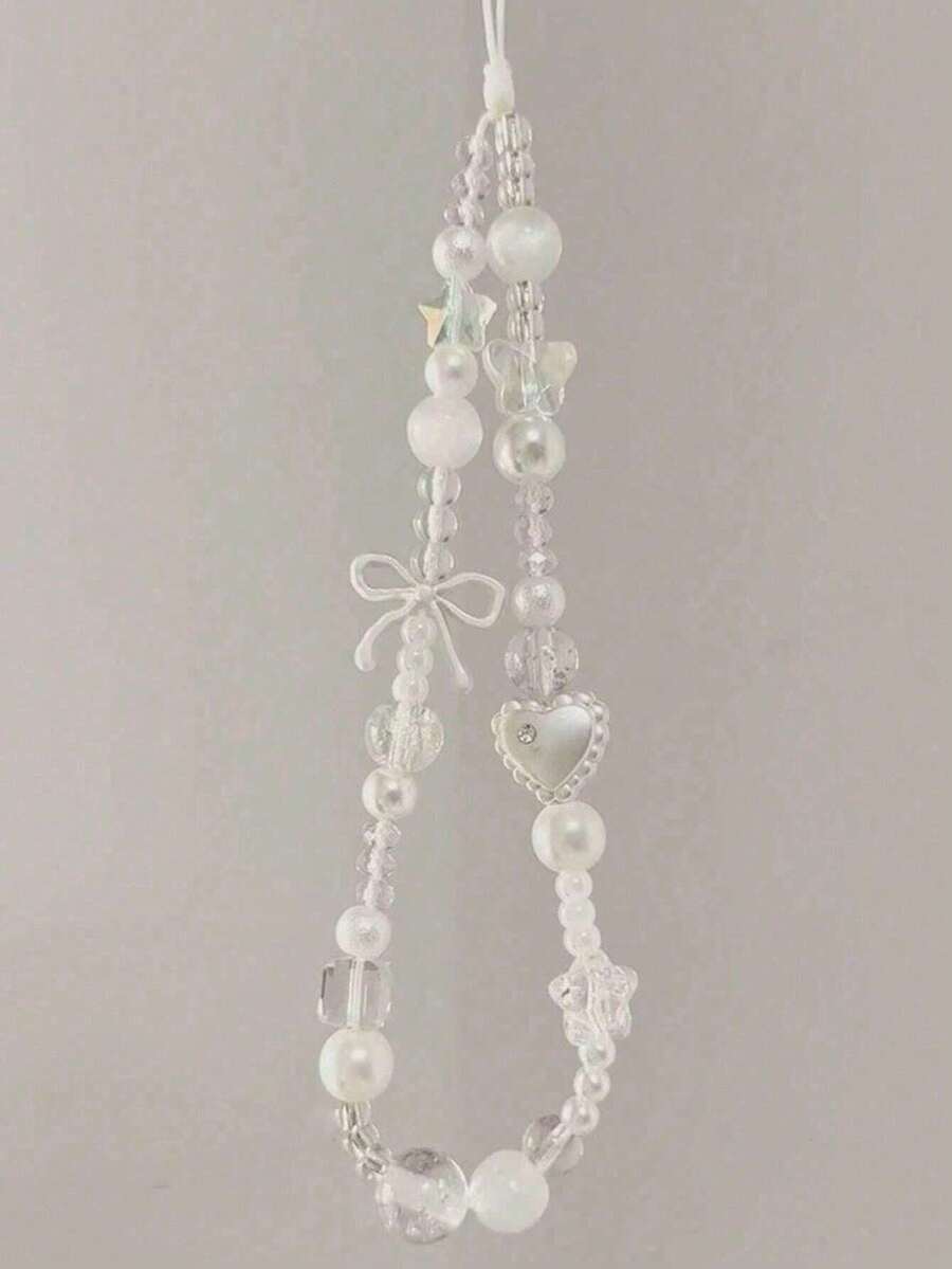 1pc Summer Shiny Crystal Pearl Bow Bracelet, Cute Bowknot Phone Strap, Camera Lanyard, Keychain, Elegant Ceramic Pearl Bracelet, Girly Phone Lanyard, Keychain, Earphone Cord, Tulip Pearl Colorful Beaded Fashion Girl Phone Lanyard, Transparent Bead Bracelet, Floral Heart Teddy Keychain, Ombre Flower Beaded Bracelet, Gift For Mother, Family, Friends Birthday, Holiday Phone Charm - Multicolor - View 1