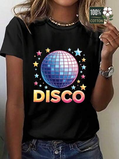 Unisex T-Shirt Made Of Pure Cotton, Women's Retro 80s Disco Party T-Shirt - 100% Comfort, Fit With Disco Ball & Disco Graphic Print, Neon Glow Design, Machine Washable, Casual Vintage Dancewear For Themed Events & Casual Wear, Sparkling Stars Geometric Pattern, Relaxed Fit, Year-Round Wear, Retro Disco Ball & Disco Text Design, Soft Breathable Fabric, Relaxed Fit For Casual Outings, Disco-Themed Party Wear, Summer T-Shirt, Blouse, Basic Tops, Tops, Creative Design, Outdoor Play, Cool Style, Fun Design, Great For Outdoor Play