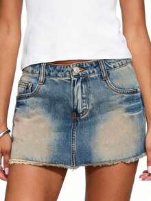 Women Denim Skirt Fashion Frayed Hem Summer Washed Low Rise Bodycon Mini Skirts - 藍色 - 查看 6
