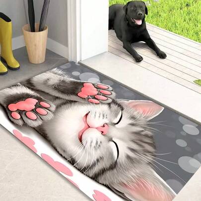 1pc Lying Pink Paw Cat Print Non-Slip Kitchen Mat, Holiday Party Decor Floor Mat, Anti-Slip Anti-Oil Rug, Quick Dry Carpet, Suitable For Kitchen, Hallway, Bathroom, Laundry Room, Home Decor