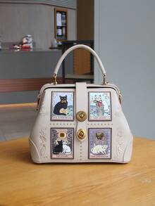 2026 New Arrival Niche Design Large Capacity Luxury Cute Cat Clip Bag, Exquisite Hardware & Embroidered Women Handbag, Retro Color Block Unique Shoulder Crossbody Bag - Multicolor - View 13
