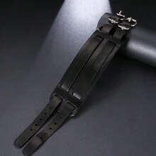 1pc Punk Rock Wide Leather Bracelet, Handmade Rivet Double-Layer Woven Wristband, Suitable For Motorcycle Rider Daily Wear, Exquisite Father's Day Gift - Black - View 6