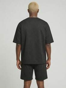 2pcs Men's Jacquard Fabric Set, Casual Loose Breathable Top And Basketball Shorts, Versatile For Daily Wear - Black - View 2